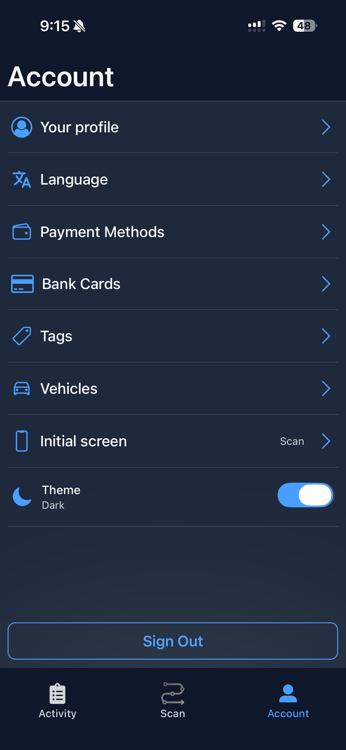 Pantalla de cuenta y configuración